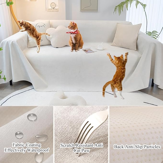 STACYPIK Thick Waterproof White Sofa Cover for Dogs, Anti-Scratch Pet Couch Cover for 3 Cushion Couch,Washable Non Slip Couch Cover for Loveseat, Multi-use L-Shaped Throw Cover for Sectional-71X150IN