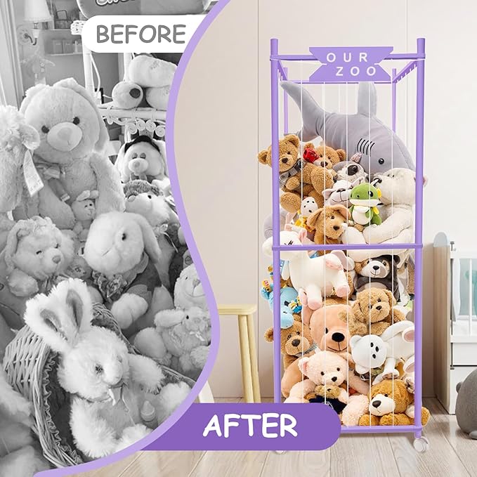 Stuffed Animal Storage Zoo with Wheels, Wooden Large Stuff Animals Plushies Holder Toy Organizer Kids Plush Storage Cage with Elastic Band and Net for Nursery Playroom Corner for Toddler (Purple)