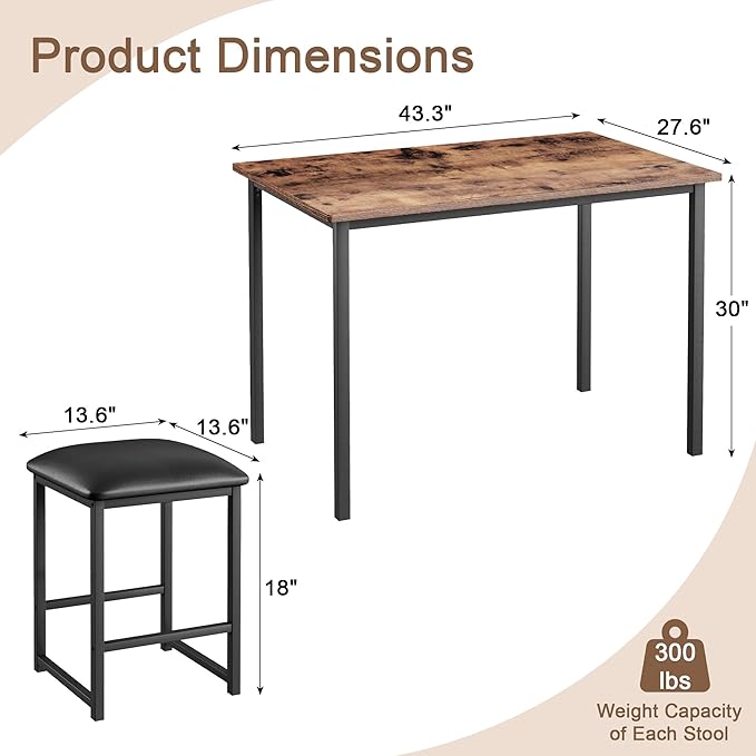 VECELO Kitchen Table and Chairs for 4, Dining Room Set with PU Chairs/Stools, Heavy-Duty Metal Frame, Wooden Tabletop, Space-Saving Design for Small Spaces, Easy Assembly, Rustic Brown
