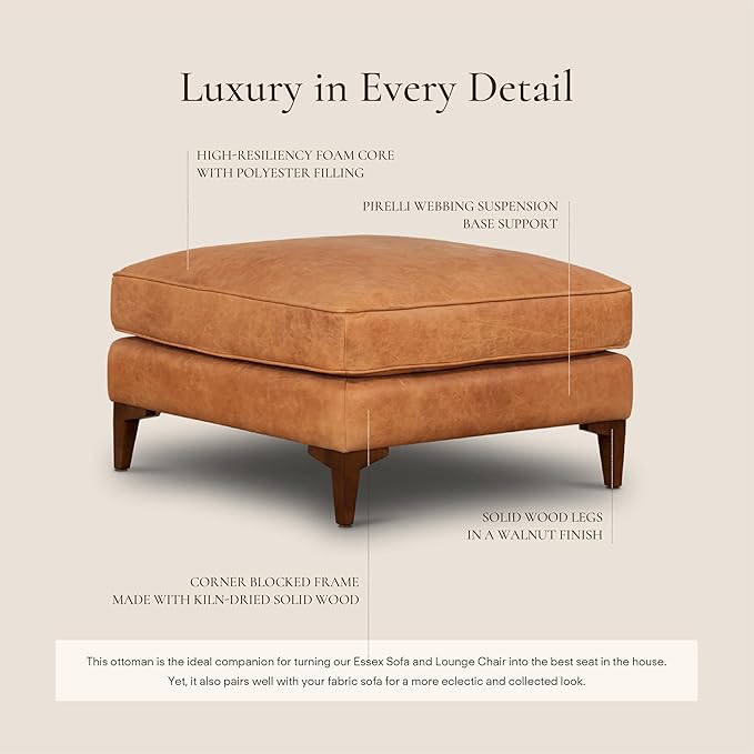 POLY & BARK Essex Ottoman - 35” Large with Feather-Down Topper - Full-Grain Leather Upholstered Ottoman - Couch for Living Room - Vintage Italian Leather in Cognac Tan