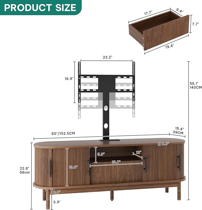 YITAHOME TV Stand with Mount and Power Outlet, Modern Entertainment Center with 3 Height Adjustment TV Mount for 32-70 inch TVs, LED Fluted TV Media Console with Sliding Doors, Curved Profile Design