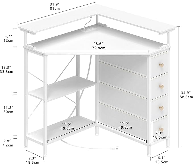 Corner Desk with Drawers Shelves for Small Space 90 Degrees Triangle Computer Desk with Power Outlets,Gaming Desk with LED Lights Monitor Stand for Home Office Workstation Writing Table (White)