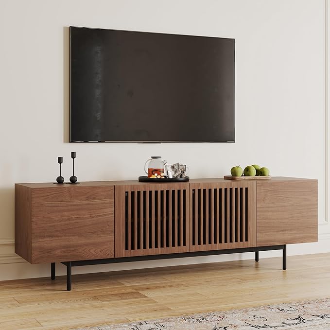 POVISON Full Assembled Mid-Century Modern TV Stand with Slatted Doors, Wood Media Console for 65-75 Inch TV, TV Console with Tall-cast Metal Legs, Entertainment Center with Storage for Living Room