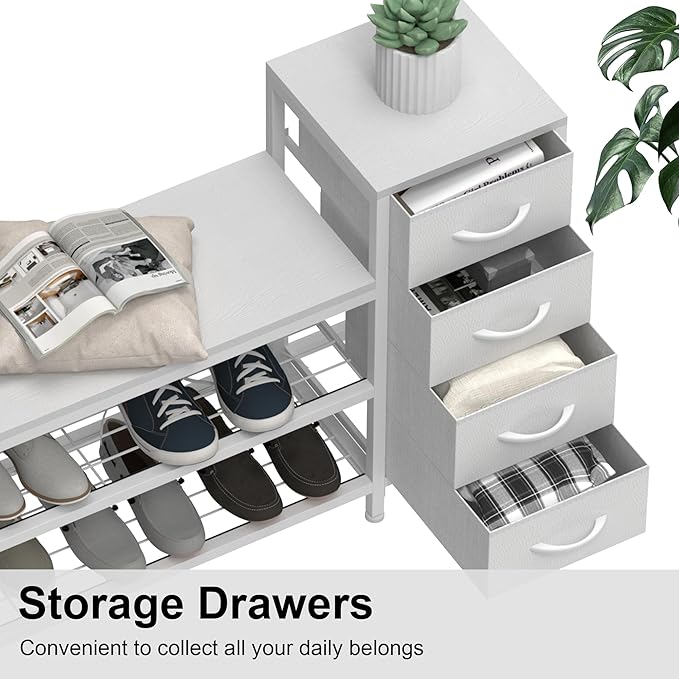 EXOTICA 3-Tier Shoe Storage Bench White Entryway Shoe Rack with 4 Drawers and Seating Shoe Shelf Storage Cabinet for Hallway Front Door Doorway Living Room Mudroom Steel Frame