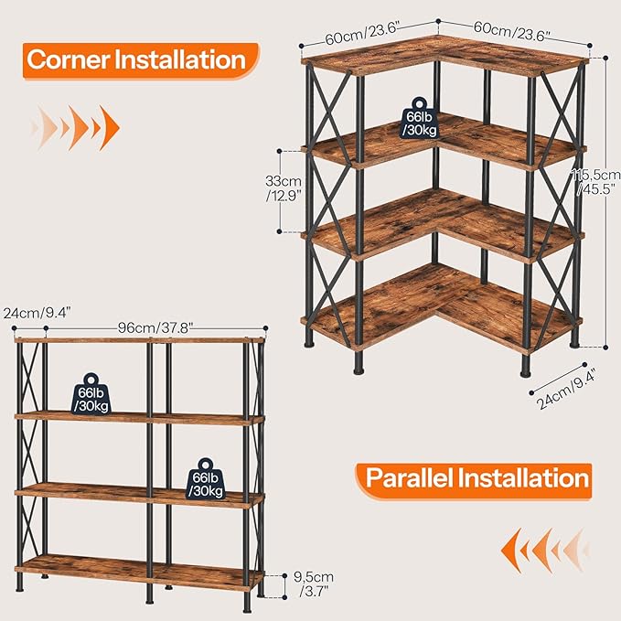 HOOBRO Corner Bookshelf, 4-Tier L-Shaped Bookcase, Industrial Open Display Shelf Tall Storage Organizer, Vertical Storage Rack, for Living Room, Home Office, Rustic Brown and Black BF59SJ01