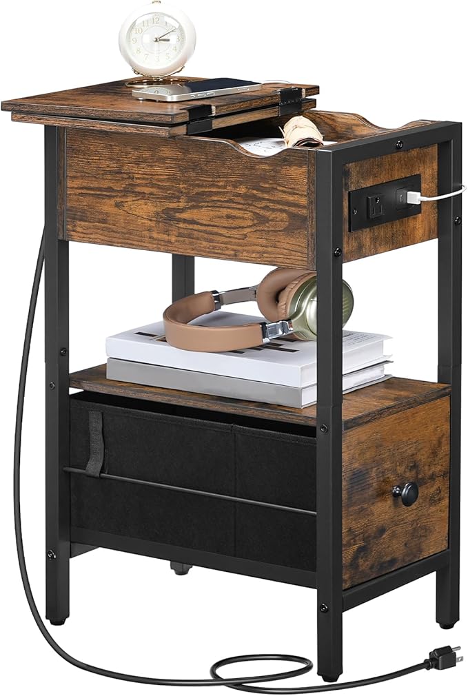 HOOBRO End Table with Charging Station, Flip Top Narrow Side Table with Storage Drawer, Slim Nightstand Bedside Tables, for Small Space, Living Room, Bedroom, Rustic Brown and Black BF343UBZ01G1