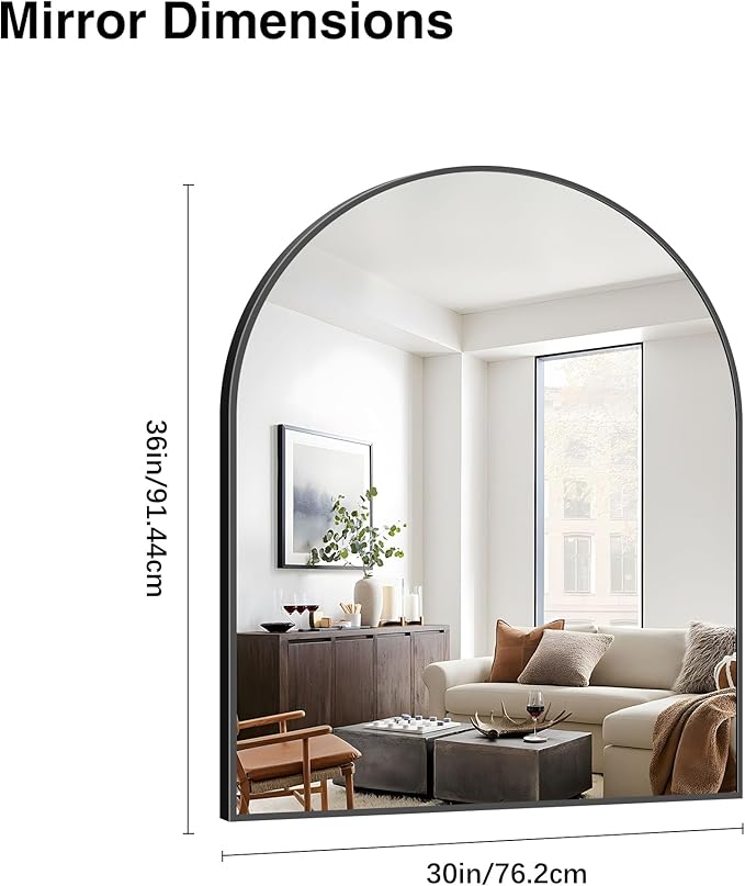 Black Arch Mirror, 30’’x36’’ Black Mirror for Bathroom, Wide Arched Bathroom Mirror with Metal Wall Mounted Mirror for Bedroom Living Room Entryway Modern