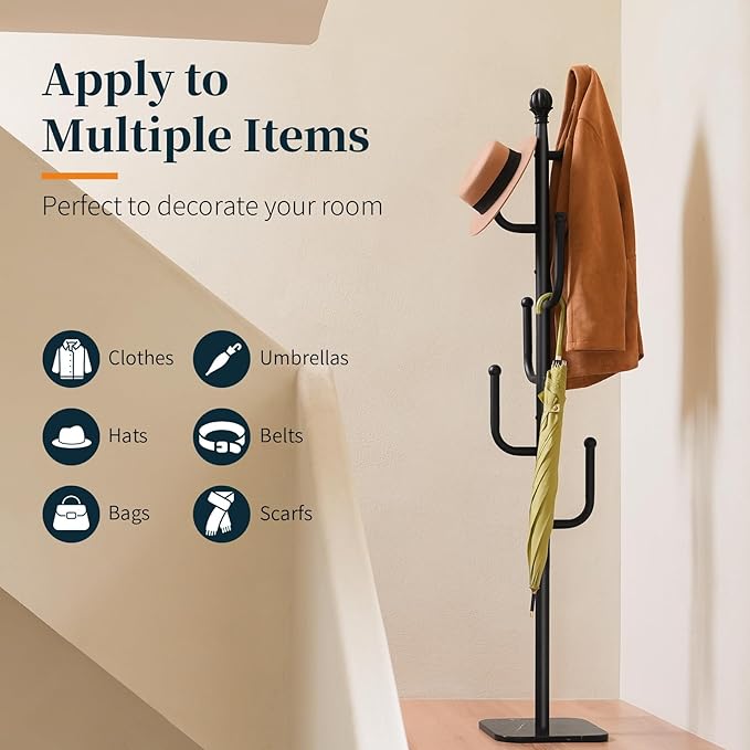 Yoobure Coat Rack Freestanding with Natural Marble Base - Cactus Coat Tree with 6 L-shaped Hooks, Heavy Duty Coat Hanger Stand, Metal Coat Rack Stand for Entryway, Hall Tree for Jacket/Hat/Clothes/Bag