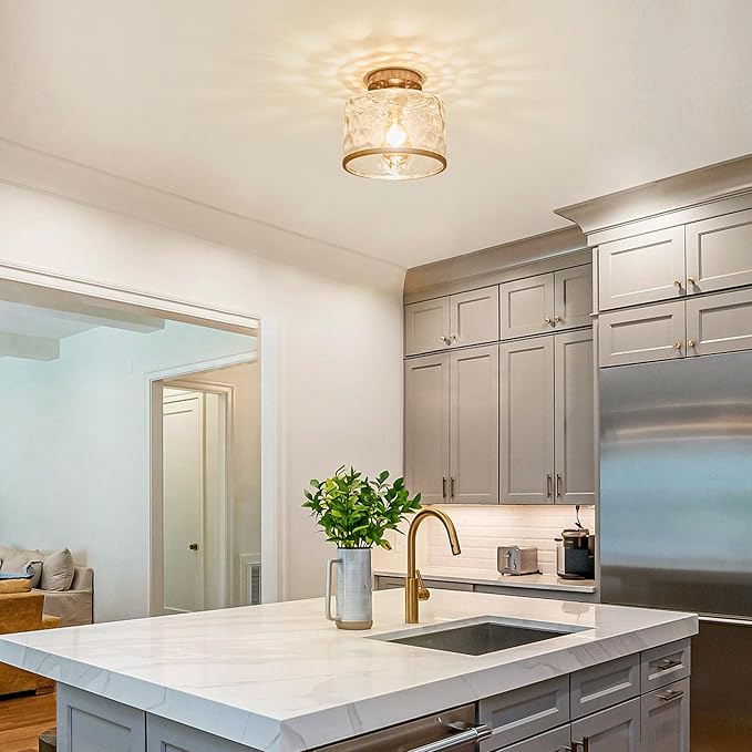 Modern Semi Flush Mount Ceiling Light with Industrial Clear Hammered Glass Lampshade, Farmhouse Ceiling Lights fixtures in Satin Nickel for Hallway Kitchen Bathroom Bedroom