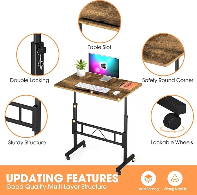 Klvied Small Standing Desk Adjustable Height, Mobile Table with Wheels, Portable Laptop Table, Standing Computer Desk for Walking Pad (Brown)
