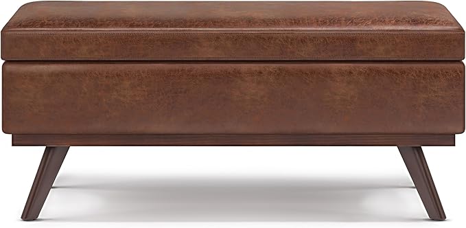 SIMPLIHOME Owen 42 inch Wide Mid Century Modern Rectangle Lift Top Large Coffee Table Storage Ottoman in Distressed Saddle Brown Vegan Faux Leather, Assembled, for the Living Room and Entryway