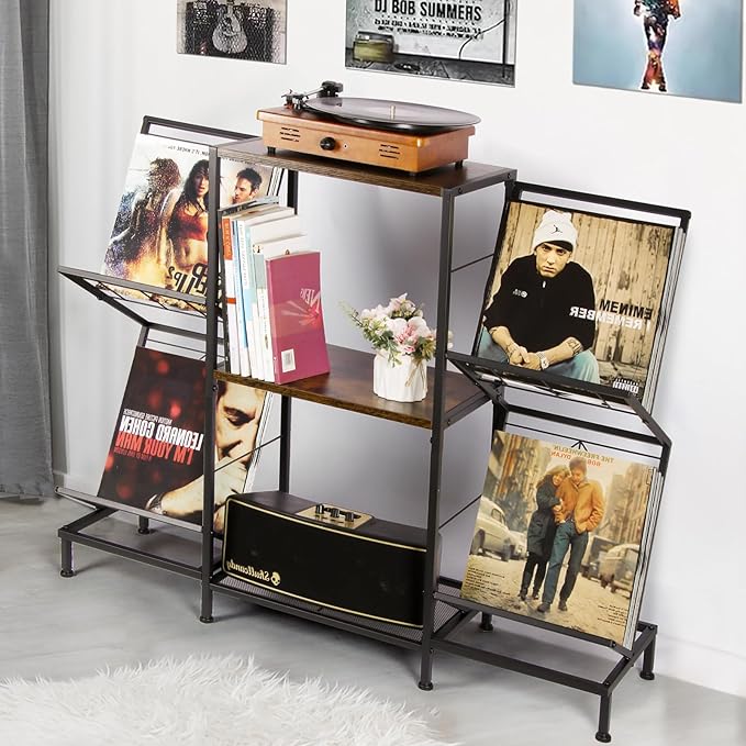 Record Player Stand with Vinyl Record Storage, Turntable Stand with 4-Tier Vinyl Display Shelf & Metal Frame, Record Holder for Living Room, Rustic Brown