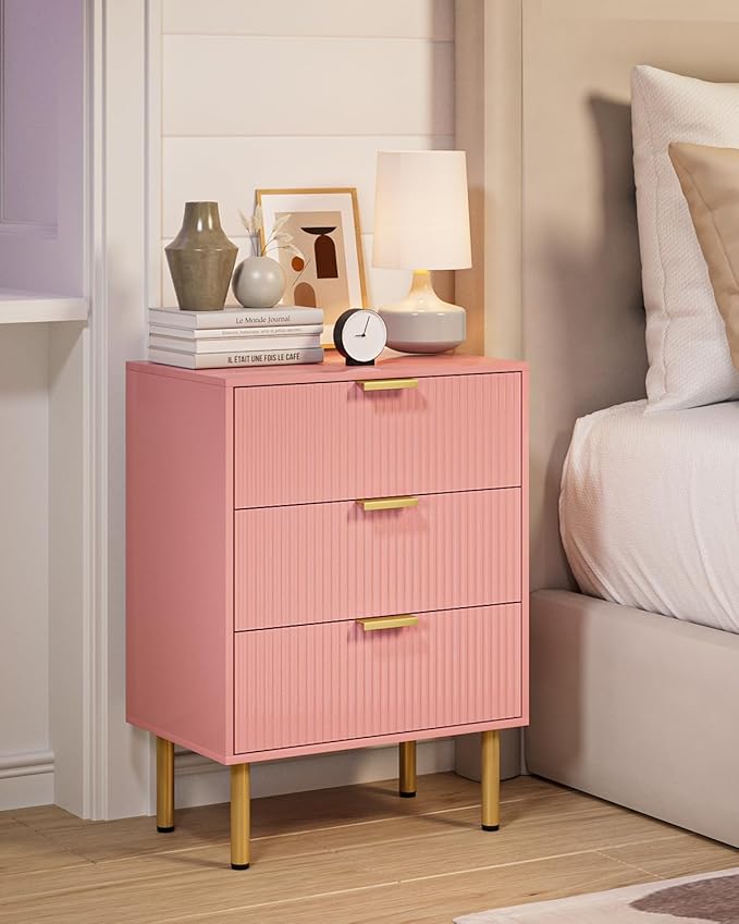 Night Stand,Tall Bedside Table with 3Storage Drawers,Pink nightstand,Bedside Furniture,Side Table with Gold Frame,Drawer Dresser for Bedroom,Living Room (Modern-3drawers, Pink)