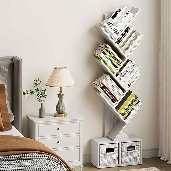 Vagusicc Tree Bookshelf, 6 Tier Bookshelf with Storage, Tall Narrow Bookcase, Rustic Wood Book Storage Rack for CDs/Books, Small Book Organizer Shelves for Bedroom, Living Room, Home Office, White