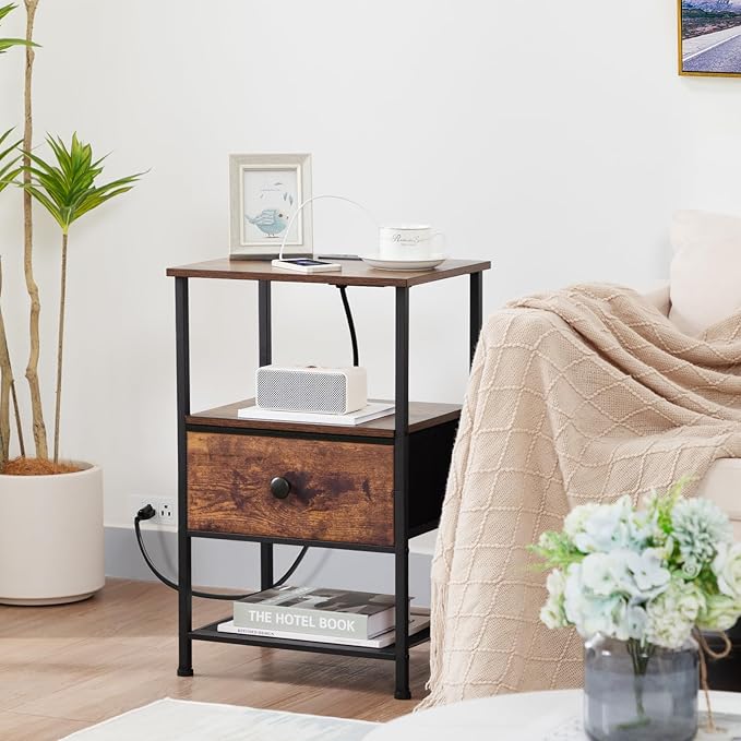 Night Stand Set 2, Nightstand with Charging Station, End Tables Living Room with Fabric Drawer for Small Spaces, Side Tables with Storage Shelf for Bedroom, Rustic Brown HETS010PBR