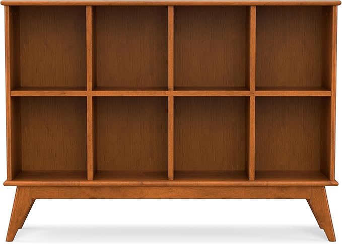 SIMPLIHOME Draper Console Table - 57 Inch Wide Solid Hardwood 8-Cube Sofa Table in Teak Brown, Mid-Century Modern Bookcase for Entryway or Living Room with 8 Open Storage Cubbies and Tapered Legs