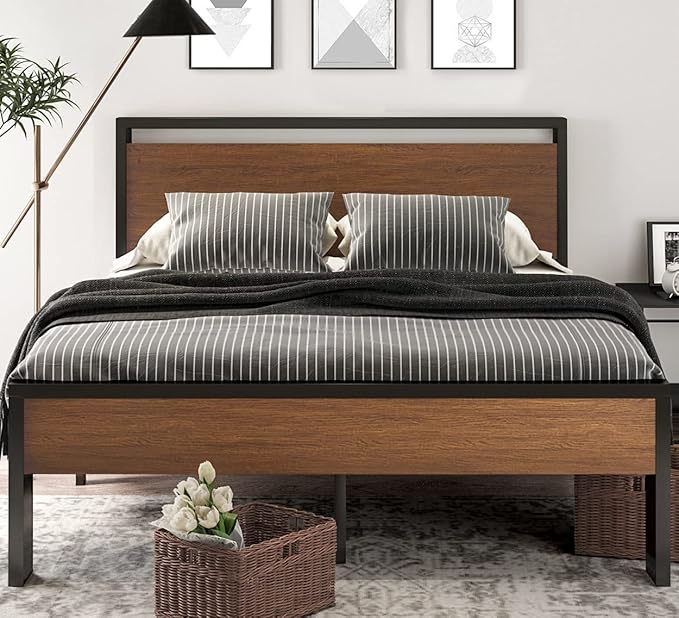 SHA CERLIN 14 Inch Full Size Metal Platform Bed Frame with Wooden Headboard and Footboard, Mattress Foundation, No Box Spring Needed, Large Under Bed Storage, Non-Slip Without Noise, Walnut
