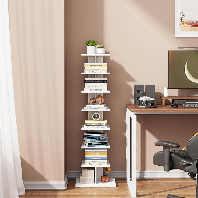 TUTOTAK Narrow Bookshelf, 8-Tier Bookcase, Spine Book Shelf for Small Space, Corner Standing Shelf for Living Room, Office, Study, Entryway, White BS06BW008