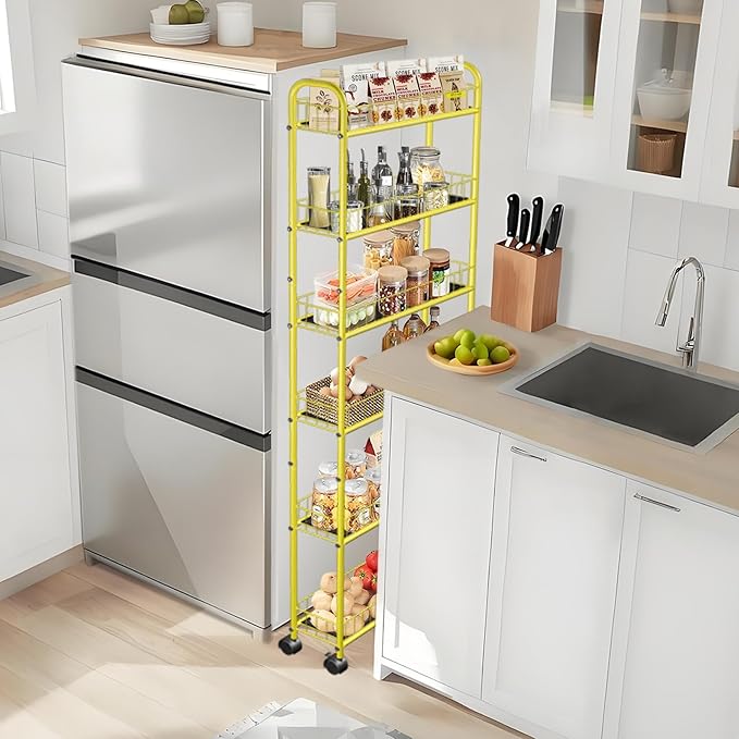 6-Tier Slim Storage Cart with Wheels,6in Narrow Rolling Shelf,Sturdy Slim Storage Ideal for Kitchen, Bathroom, and Laundry Room, Yellow