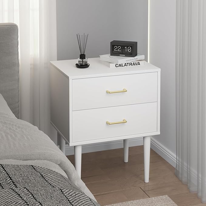 Smart FENDE 26 inch Tall White Nightstand with 2 Drawers, Modern Night Stand Set of 2, Mid-Century Modern End Table, Wooden Bedside Table with Solid Wood Leg for Bedroom