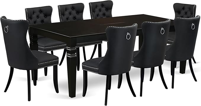 East West Furniture LGDA9-BLK-12 9 Piece Dining Table Set Consists of a Rectangle Kitchen Table with Butterfly Leaf and 8 Polyester Fabric Parson Chairs, 42x84 Inch, Black