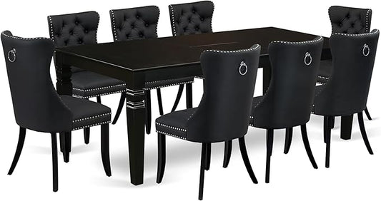 East West Furniture LGDA9-BLK-12 9 Piece Dining Table Set Consists of a Rectangle Kitchen Table with Butterfly Leaf and 8 Polyester Fabric Parson Chairs, 42x84 Inch, Black