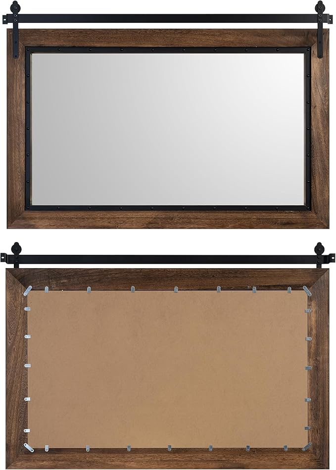 YOSHOOT Farmhouse Barn Door Mirror, 48"x30" Rustic Bathroom Mirror, Wood Frame Wall Mirror, Wooden Mirror for Living Room Bedroom Entryway Wall Décor, Horizontal Hanging ONLY