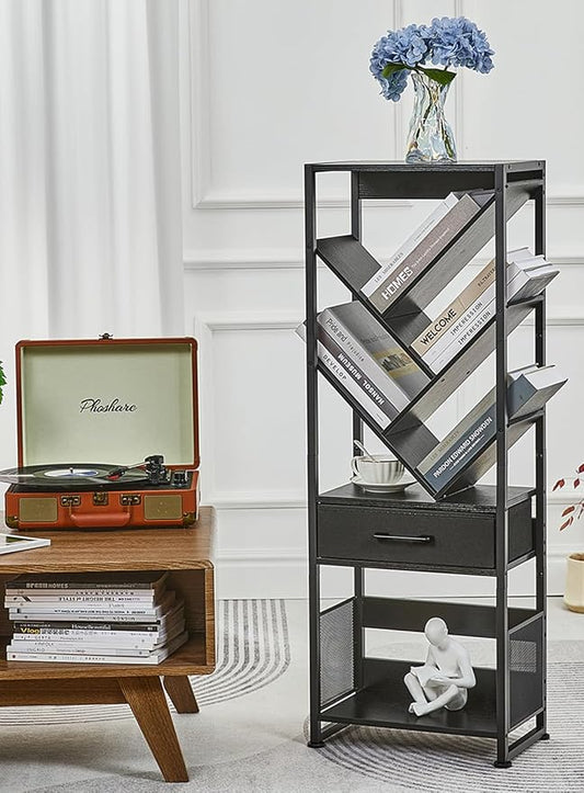 Bookshelf with Drawer,8 Tier Tree Bookcase Retro Floor Standing Bookshelves,Tall Wood Bookcases with Cabinet Storage Organizer for Living Room, Bedroom & Home Office, Black