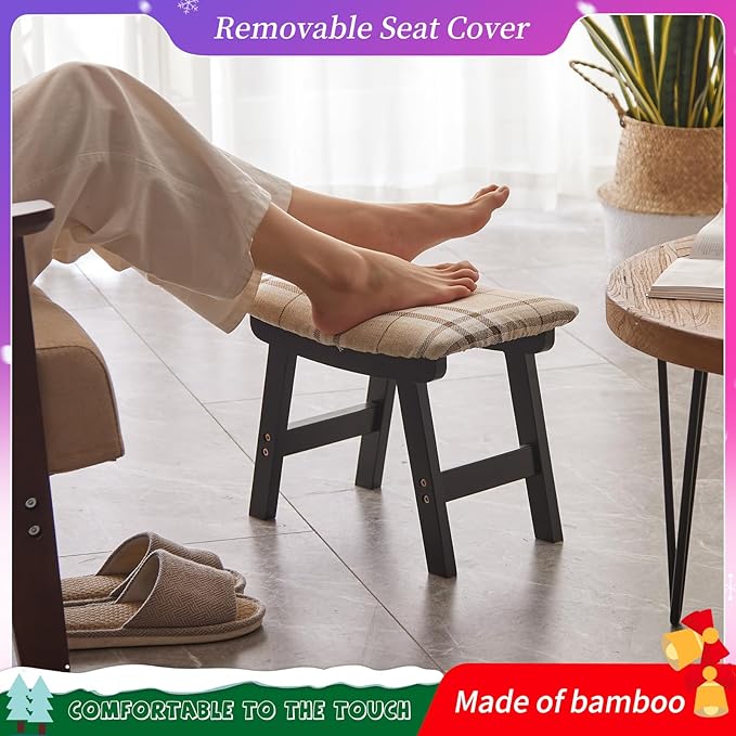 Foot Stool,Ottoman,Bamboo Small Sofa Foot Rest Under Desk,Extra Seating for Living Room, Bedroom and Kitchen (Black Stool Legs - Stripes Surface)