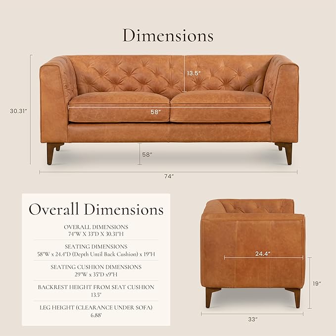 POLY & BARK 74” Essex Apartment Leather Couch - Apartment Sofa with Tufted Back - Full-Grain Leather Sofa for Living Room with Feather-Down Topper - Vintage Italian Leather in Cognac Tan