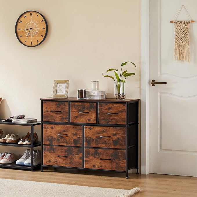 DUMOS Dresser for Bedroom with 7 Drawers, Storage Organizer Units Furniture, Chest Tower TV Stand with Fabric Bins, Metal Frame, Wooden Top for Nursery, Living Room, Bedroom, Closet, Brown