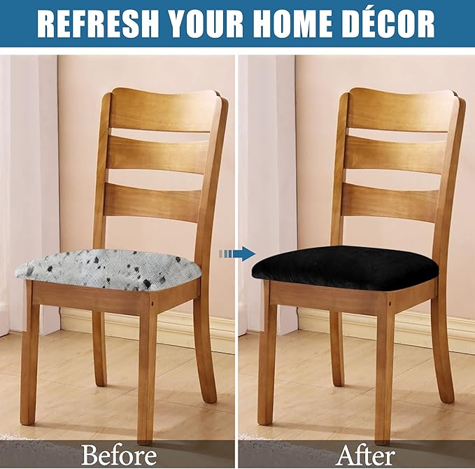 Smiry Velvet Seat Covers for Dining Room Chair Set of 2, Stretch Fit Removable Washable Chair Seat Cushion Protector Slipcovers with Ties, Black