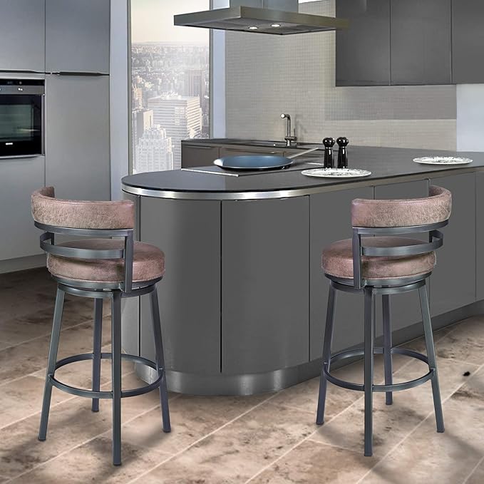 Armen Living Madrid 26" Seat Height Swivel Bandero Tobacco Faux Leather and Mineral Finish Bar Stool for Kitchen Island Counter, Set of 2