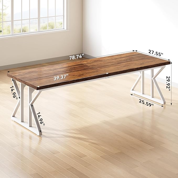 LITTLE TREE 78.7 Inch Large Executive Desk, Modern Computer Office Desk, Wooden Writing Desk Study Table for Home Office, Rustic Brown-White