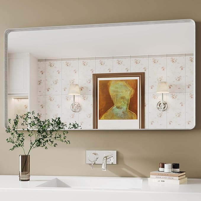 30x55 Silver Bathroom Mirror concave Frame,Wall-Mounted Mirrors,Mirror for Bathroom,Bathroom Mirrors Pair,Bathroom Vanity Mirror,Espejo para baño