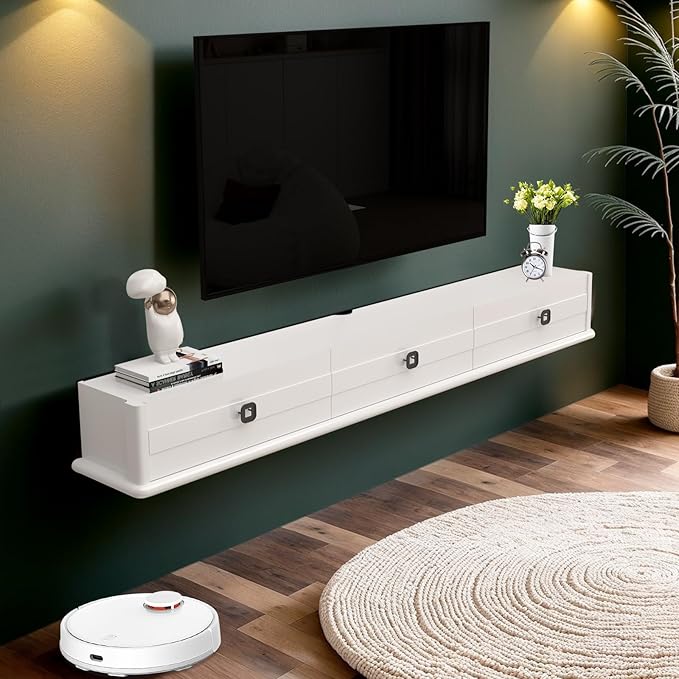 Pmnianhua High Gross Floating TV Stand,74″ Solid Wood Wall Mounted TV Console,Floating Entertainment Center with Door and 2 Drawers,Under TV Shelf for TVs up to 85''(White)