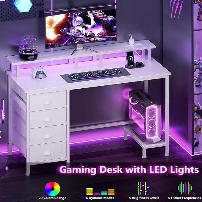 Furologee 47" White Computer Desk with 4 Fabric Drawers & Monitor Stand, Gaming Desk with Power Outlets - LED Lights, Home Office Space-Saving Study Table for Bedroom Small Spaces