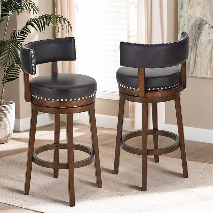 COLAMY Swivel Bar Stools Set of 2, 30 Inch Swivel Bar Height Bar Stools, Wood Swivel Barstools with Back, Modern Upholstered Wooden Barstools for Kitchen Island Dining Room Bar, Dark Brown