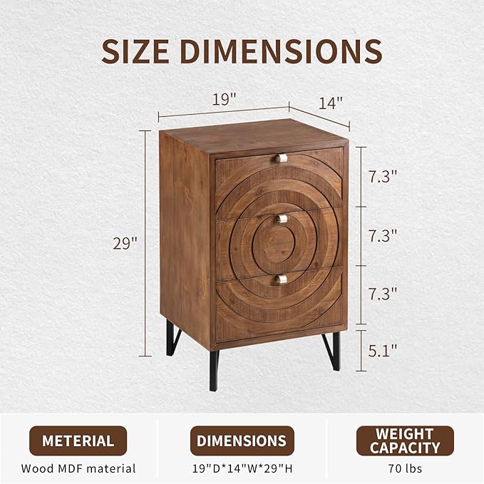 COSIEST Nightstand, Rustic End Table with 3 Drawers, Vintage Wood Bedside Table with Strudy Legs, Modern Side Table Accent Nightstand for Bedroom, Living Room