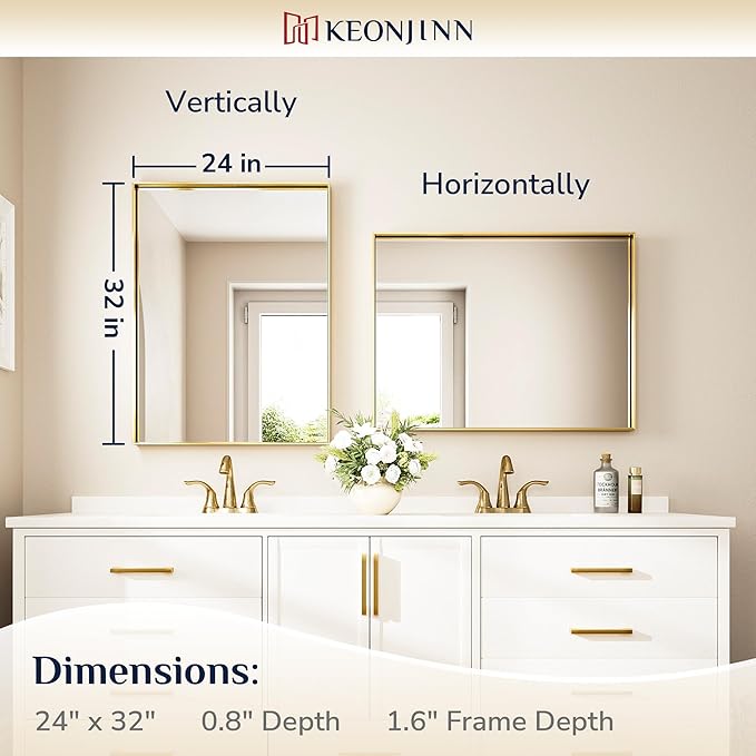 Keonjinn 24 x 32 In Brushed Gold Bathroom Mirror for Over Sink Shiny Gold Rectangle Wall Mirror Metal Framed Rectangular Farmhouse Mirror Modern Square Corner Framed Vanity Mirror(Horizontal/Vertical)