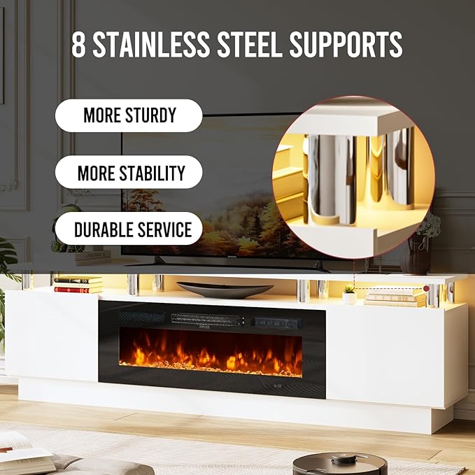 70" TV Stand & Entertainment Center, Media Console with Storage Shelves, Fits TVs up to 80", Modern Living Room Furniture, 36" Electric Fireplace (White+Black)