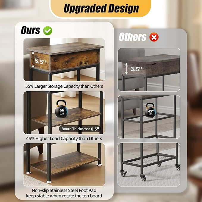 Rotating Top End Table with Charging Station, Side Table with USB Ports and Outlets, 24" W x 12" D x 27" H, Rotating End Table with Storage, Couch Side Tables, Narrow Table Living Room, Bedroom