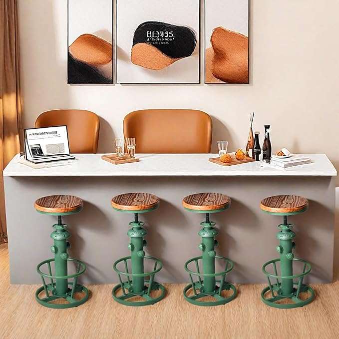 Vintage Bar Stool 24.8-30inch Counter Height Adjustable Industrial Coffee Chair with Swivel Wooden Seat Farmhouse Dinner Stools in Kitchen Dining Room