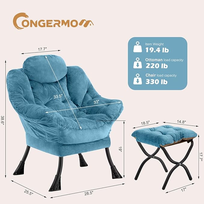 Lazy Chair with Folding Ottoman,Leisure Sofa Chair,Soft Fabric Armchair with Armrests and Side Pockets, Reading Chair with Footrest for Living Room, Bedroom, Office (Plush Blue)