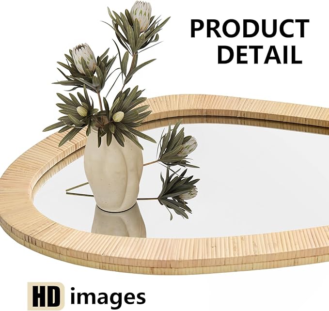H HOMEWINS Rattan Mirror for Wall,31.5'' x 25.2" Wooden Framed Farmhouse Boho Wicker Coastal Irregular Vanity Mirror for Bathroom Living Room Entryway