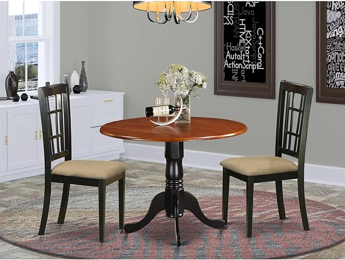 East West Furniture DLNI3-BCH-C 3 Piece Kitchen Table Set for Small Spaces Contains a Round Dining Table with Dropleaf and 2 Linen Fabric Dining Room Chairs, 42x42 Inch, Black & Cherry
