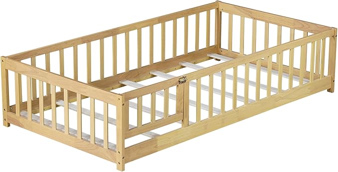 Twin Floor Bed Frame with Slats and Safety Guardrail, Wood Twin Size Montessori Floor Bed with Door and Fence, Easy Assemble Montessori Beds for Kids, Girls, Boys, Natural
