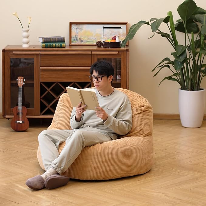 N&V Large Crescent Bean Bag Chair, Adult Size Bean Bag Sack, Foam Filling, Soft Premium Corduroy Bean Bag for Living Room Bedroom Dorm and Office (Beige)