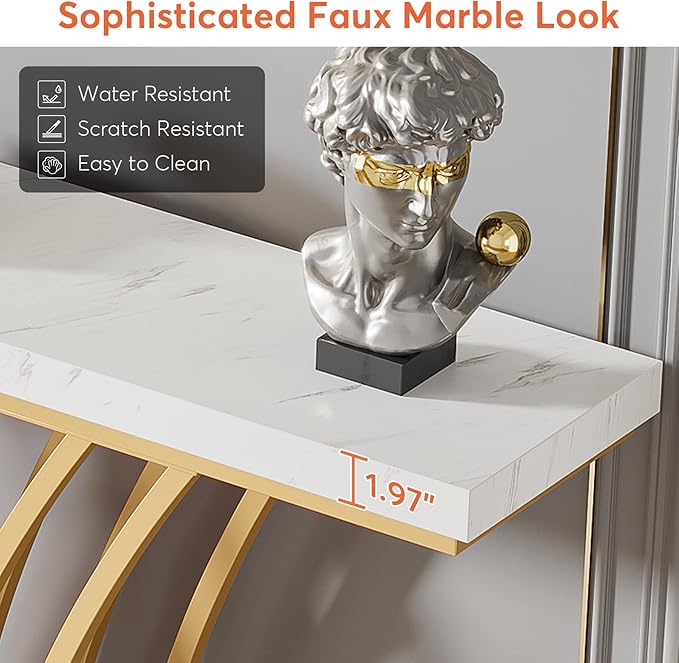 Tribesigns 59 inch Gold Console Table, Modern Entryway Table with Grid-Shaped Metal Base for Entrance, Hallway, Entryway, Living Room(White Faux Marble & Gold)