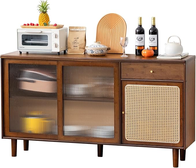 Tiita Bamboo Sideboard Buffet Cabinet, Rattan Kitchen Storage Cabinet with Drawer, Boho Coffee Bar Tables for Kitchen Hallway Office, Walnut
